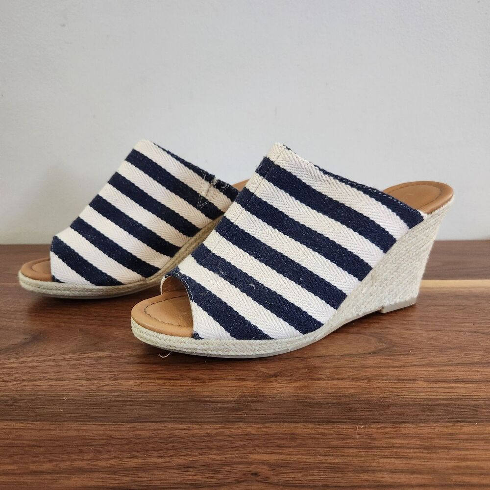 Lane Bryant Espadrille High Wedge Slip On Slide Jute Striped Sandal Shoe 10W